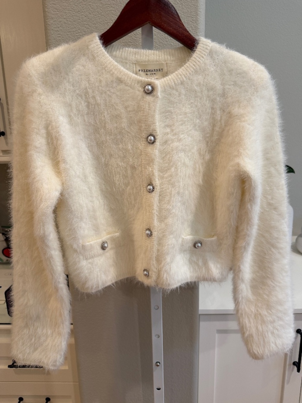 FreeMarket by Flying Tomato Ivory Fuzzy Cropped Cardigan Jeweled Buttons. Small